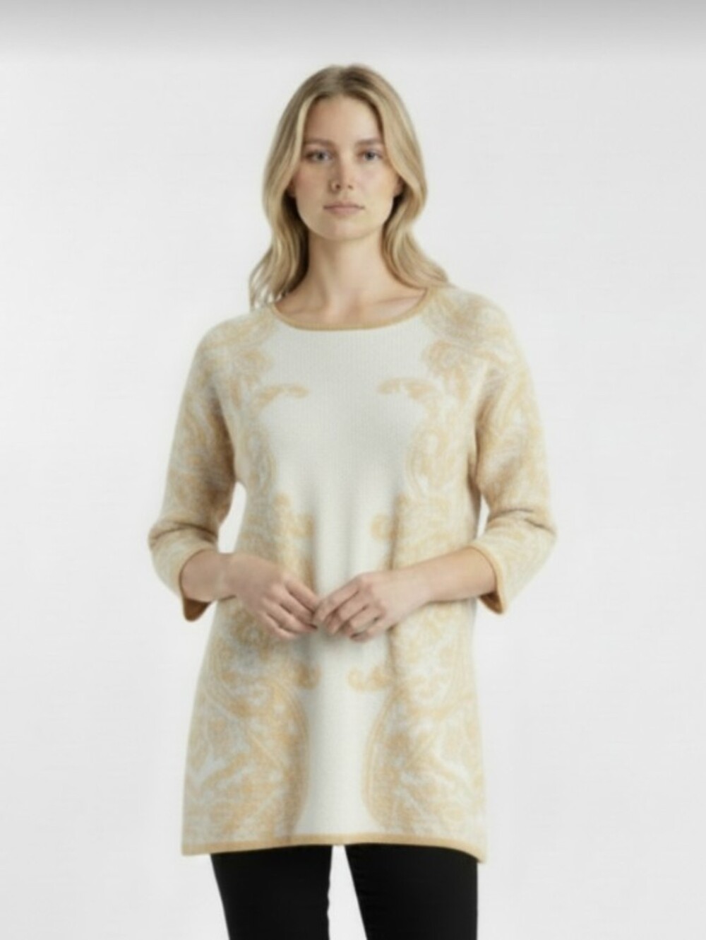 NWOT! RUBY RD.! CREAM ORNATE GOLD SCROLLED L/S TUNIC SWEATER! SZ M